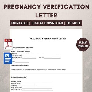 Op de afbeelding: Een afdrukbare zwangerschapsverificatiebrief met bewerkbare velden. Het document bevat secties voor kliniekinformatie, patiëntgegevens en verificatiegegevens. Voorzien van een PDF-pictogram en een label "Digitale download".