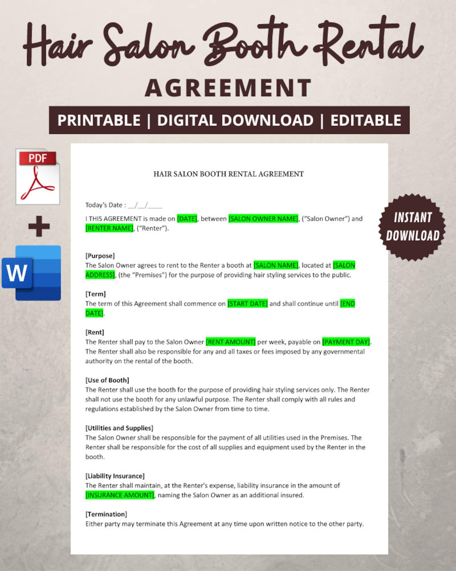 Professional Hair Salon Booth Rental Agreement | Editable MS WORD File ...