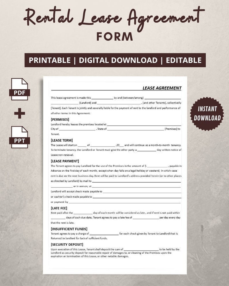 Editable Rental Lease Agreement Template: Landlord Tenant Form (digital ...