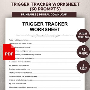 Puede incluir: Una hoja de trabajo descargable digital imprimible titulada "Trigger Tracker Worksheet" con 60 indicaciones. La hoja de trabajo está diseñada para ayudar a identificar los desencadenantes y comprender las reacciones. La imagen incluye un icono PDF y etiquetas para descarga instantánea, 60 indicaciones y 3 páginas.