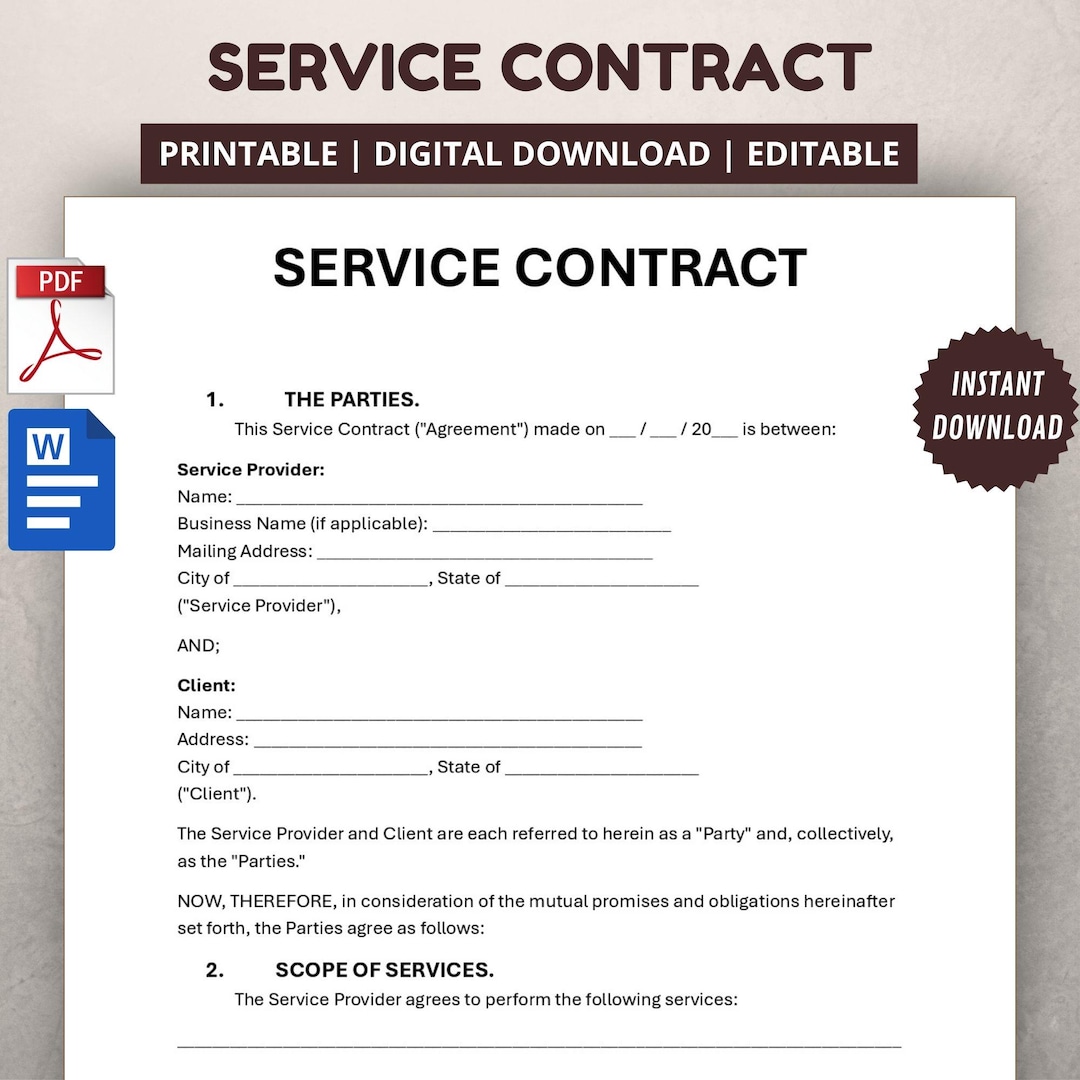 Service Contract Template. Editable Service Agreement - Etsy