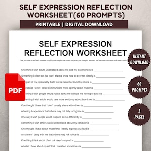 May include: A printable digital download self-expression reflection worksheet with 60 prompts. The worksheet includes fill-in-the-blank questions about personal experiences and feelings. The PDF document is labeled with a red PDF icon and includes the text "Instant Download".