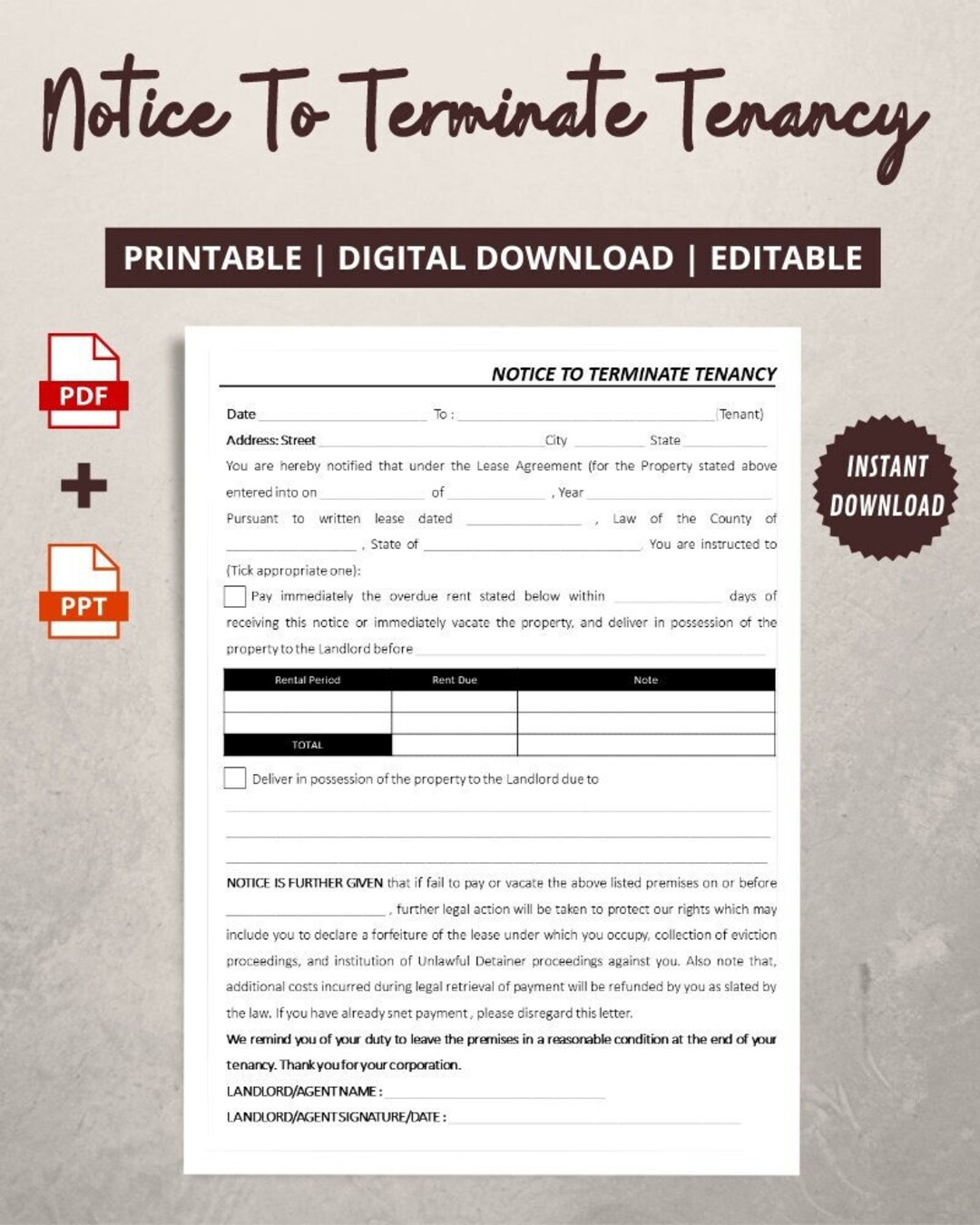 Notice to Terminate Tenancy Form: Rent or Vacate Notice (PDF & PPT) - Etsy