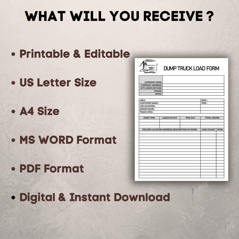 Dump Truck Load Form Template. Hauling Record Sheet - Etsy