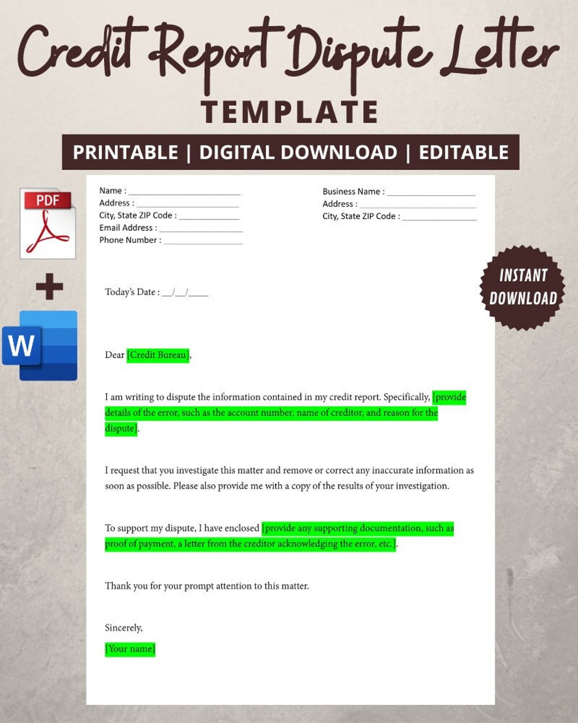 Professional Credit Report Dispute Letter Template Editable MS WORD