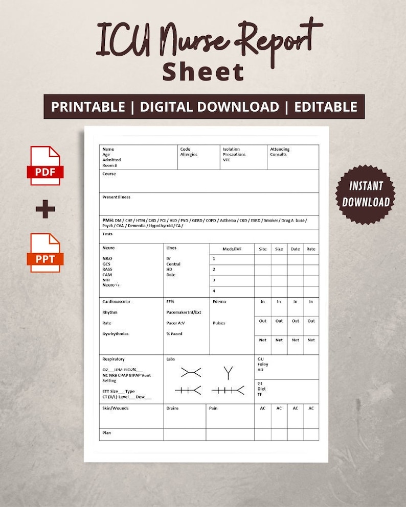 ICU Nurse Report Sheet | Nurse Brain Sheet | ICU Nurse Resources ...