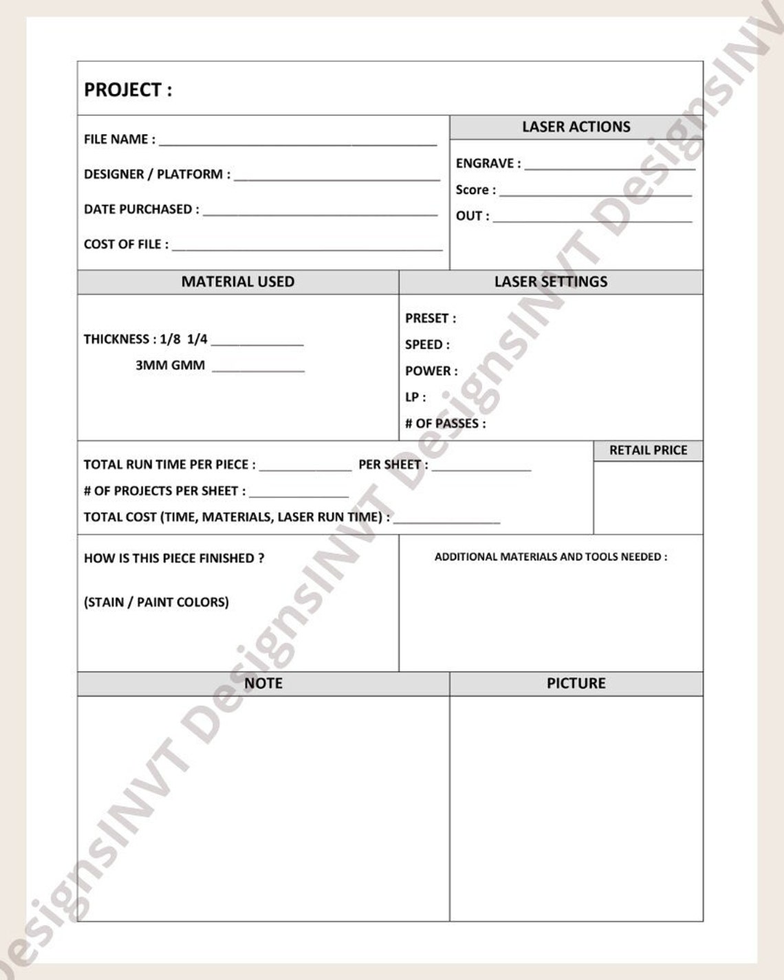 Laser Project and Settings Template - Etsy