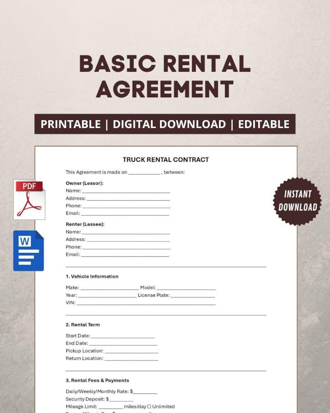 Truck Rental Contract Template Vehicle Lease Agreement Printable
