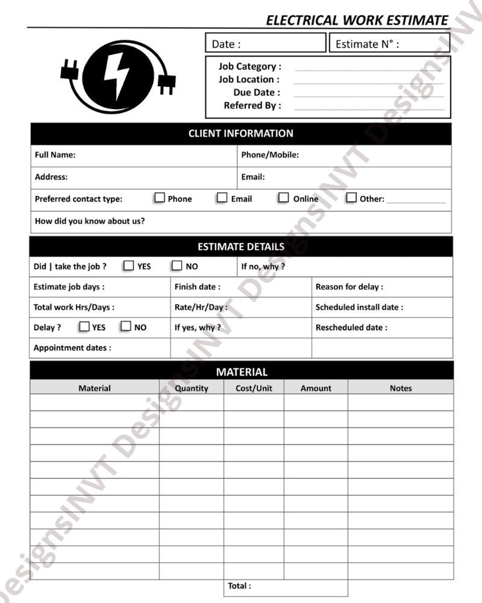 Electrical Estimate Form Electrical Estimating Sheets Printable Job