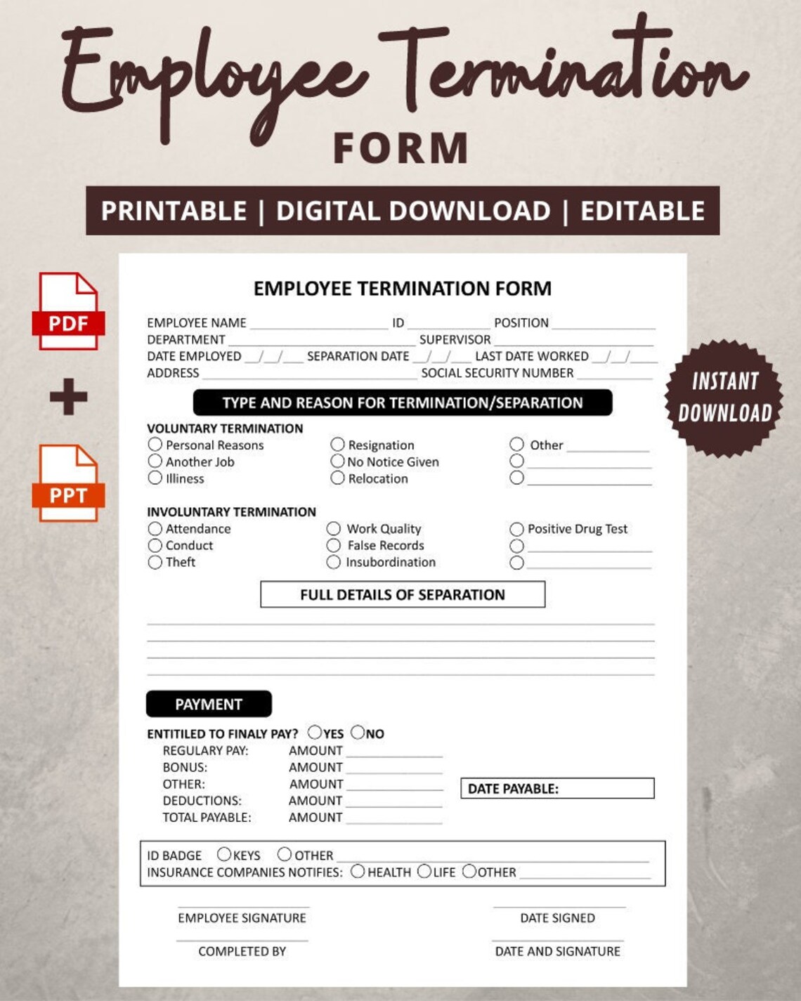 Editable Employee Termination Form Employee Separation Sheet - Etsy