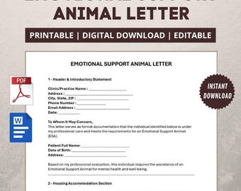 Plantilla de carta editable para solicitar un animal de apoyo emocional para propietarios (PDF y DOCX)