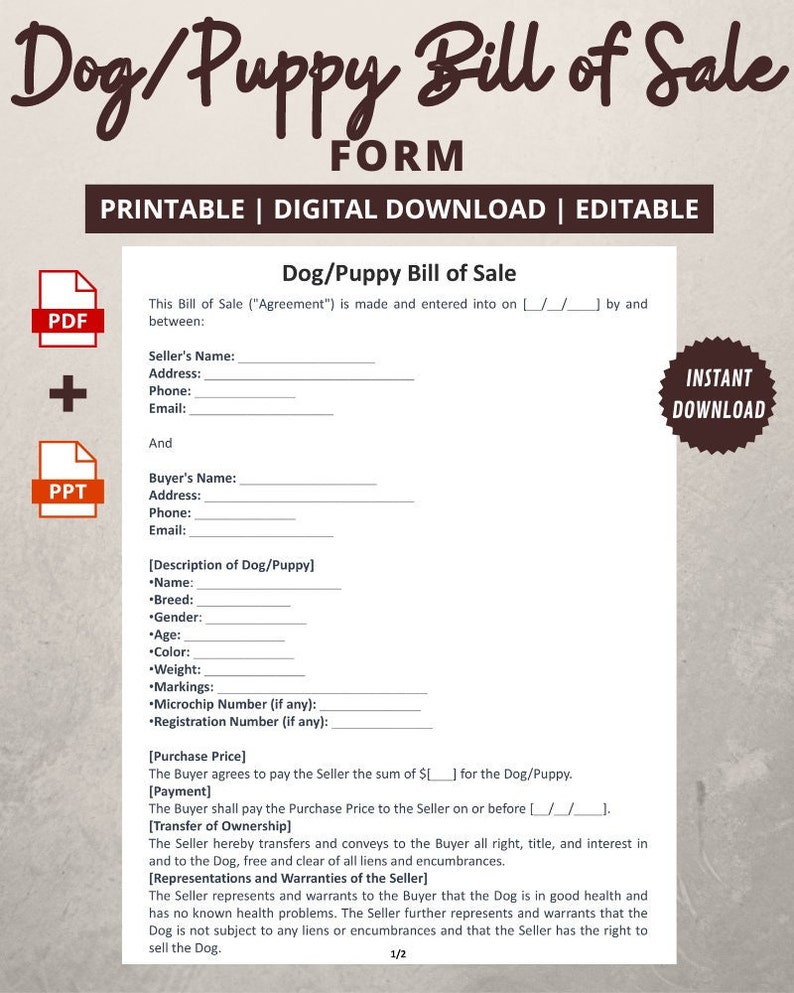 Sample Dog/puppy Bill of Sale Form Agreement (Download Now) Etsy