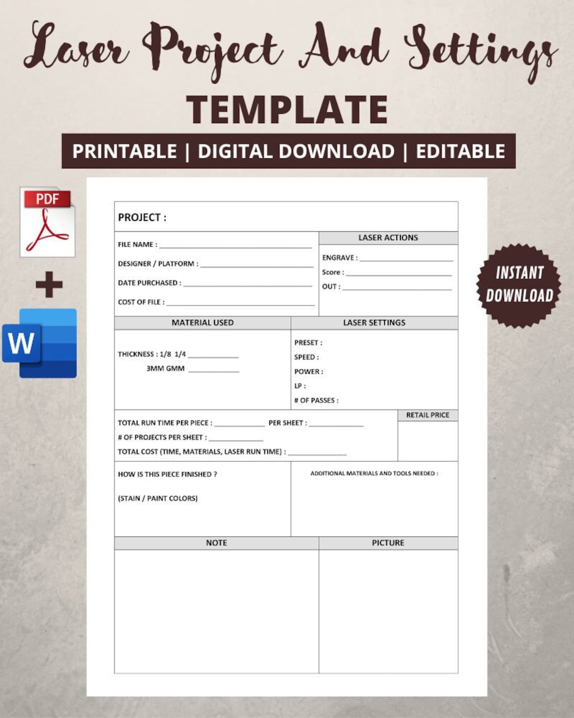 Laser Project and Settings Template - Etsy