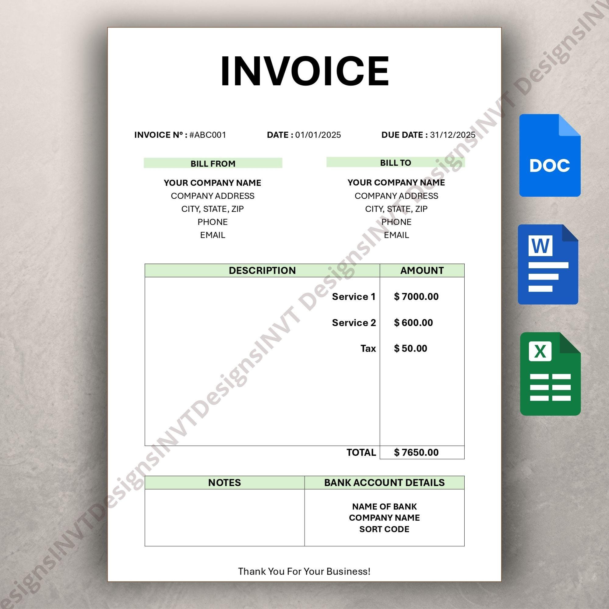 Editable Invoice Template for Small Business (digital Download) - Etsy