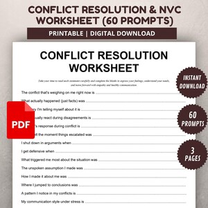 Può includere: Un foglio di lavoro PDF stampabile per la risoluzione dei conflitti, con 60 domande e 3 pagine. Il documento include sezioni da completare per aiutare gli utenti a esprimere i propri sentimenti e comprendere le proprie esigenze.