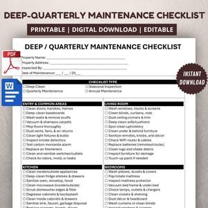 Könnte beinhalten: Eine druckbare und bearbeitbare Checkliste für die Tiefen-/Quartalswartung. Das Dokument enthält Abschnitte für Eingang, Küche, Wohnzimmer und Schlafzimmer. Es zeigt ein PDF- und ein Word-Dokument-Symbol sowie ein Sofort-Download-Abzeichen.