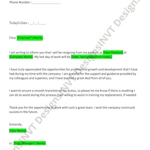 May include: A resignation letter template with a formal letter format. The letter includes a section for the employee's name, address, email address, and phone number. It also includes a section for the employer's name, company name, address, and city, state, zip code. The letter is dated and includes a section for the employee's signature.