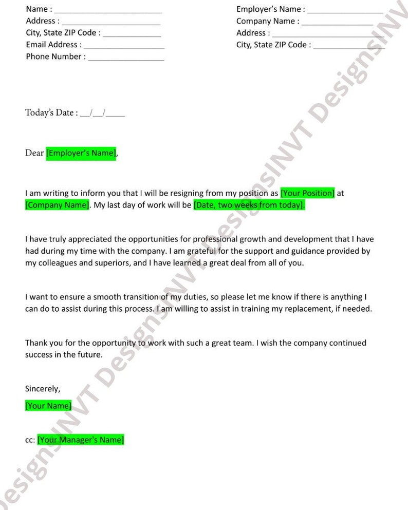 May include: A resignation letter template with a formal letter format. The letter includes a section for the employee's name, address, email address, and phone number. It also includes a section for the employer's name, company name, address, and city, state, zip code. The letter is dated and includes a section for the employee's signature.