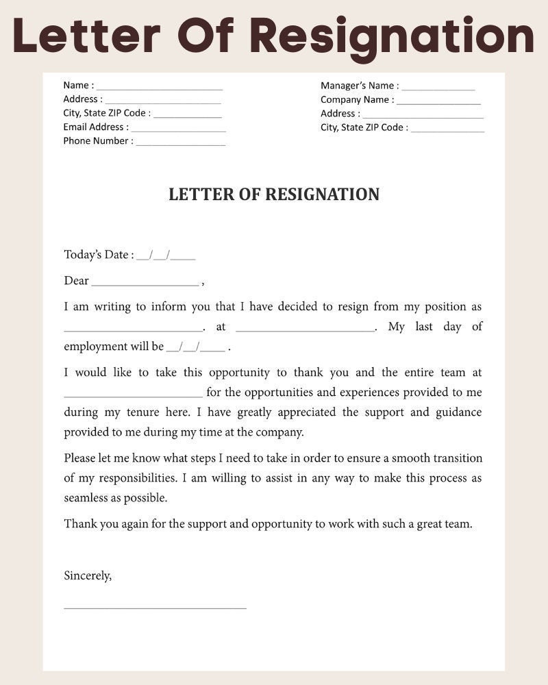Sample Resignation Letter Template MS WORD PDF File Etsy