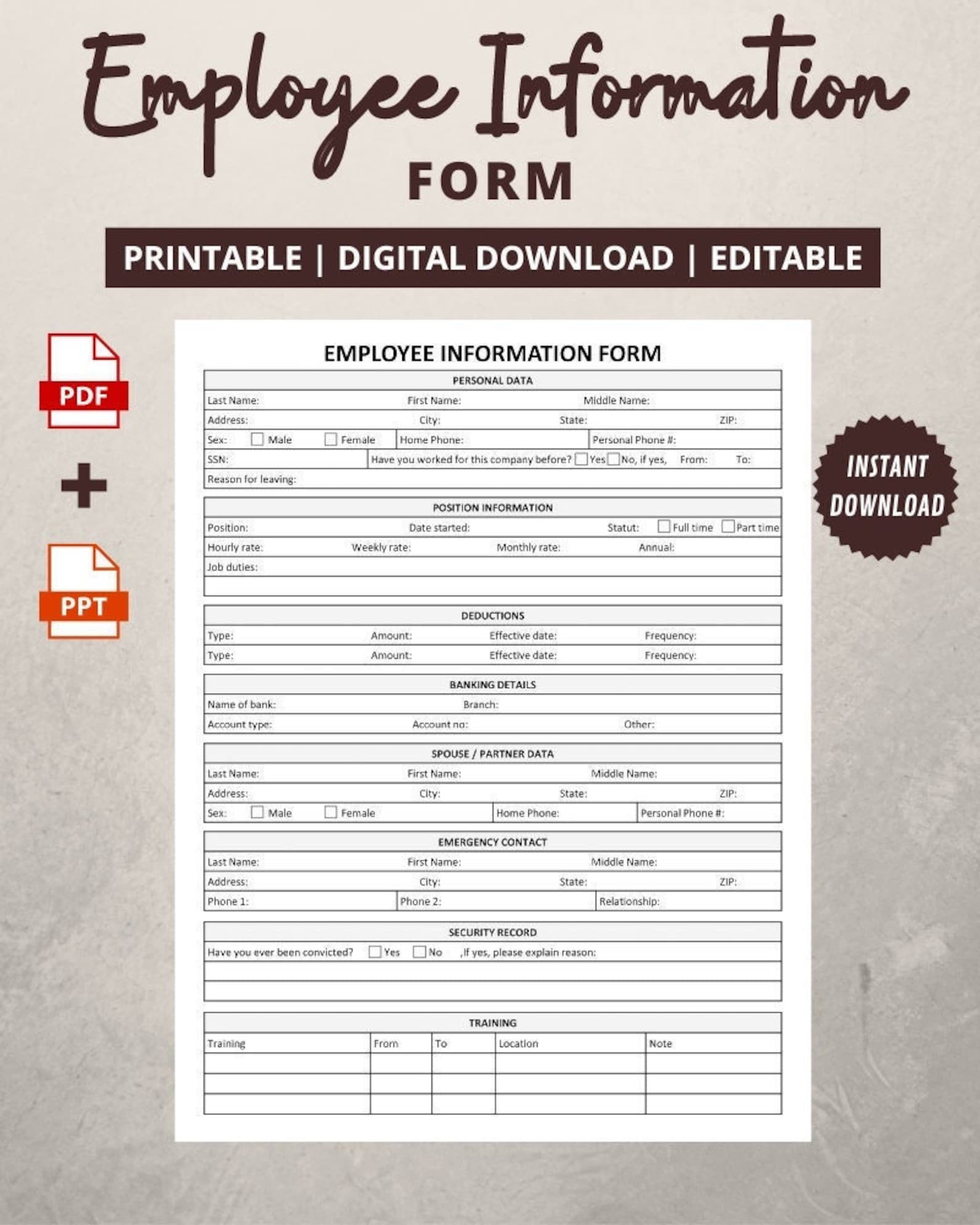 Editable Employee Information Form (PPTX & PDF) - Etsy