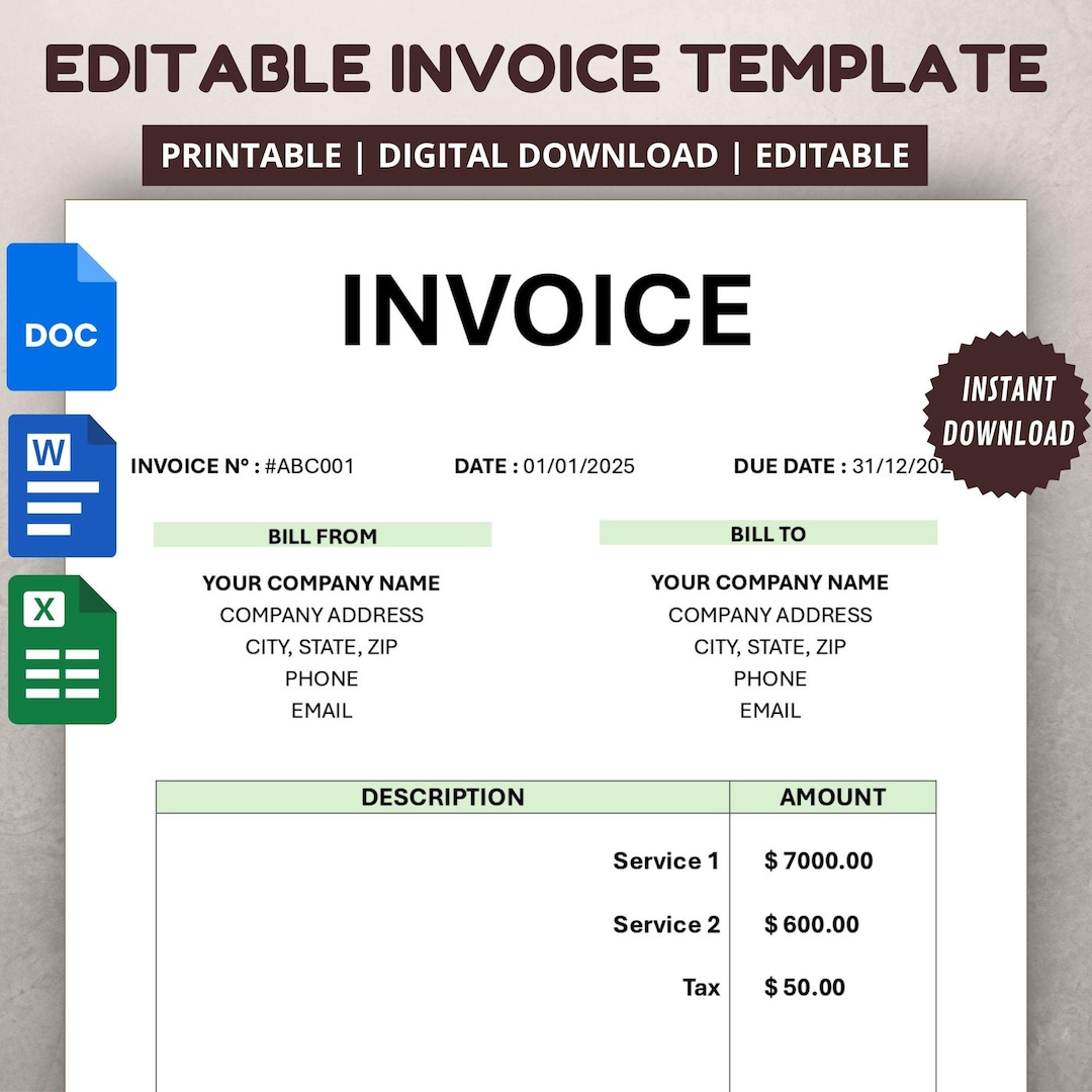 Editable Invoice Template for Small Business (digital Download) - Etsy