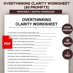 Puede incluir: Una hoja de trabajo descargable digital imprimible titulada "Overthinking Clarity Worksheet" con 60 indicaciones. La hoja de trabajo incluye preguntas para completar los espacios en blanco para explorar los pensamientos y reducir el desorden mental. El PDF está etiquetado como "Descarga instantánea" y tiene 3 páginas.
