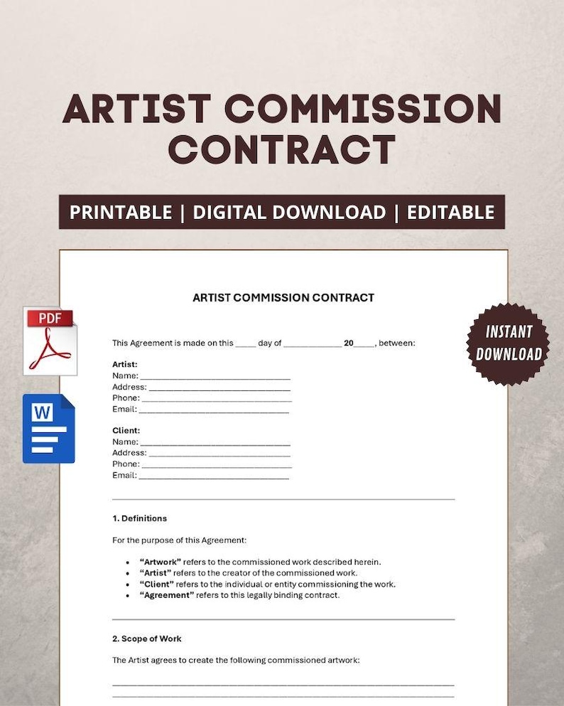 Artist Commission Contract Template | Custom Artwork Agreement ...