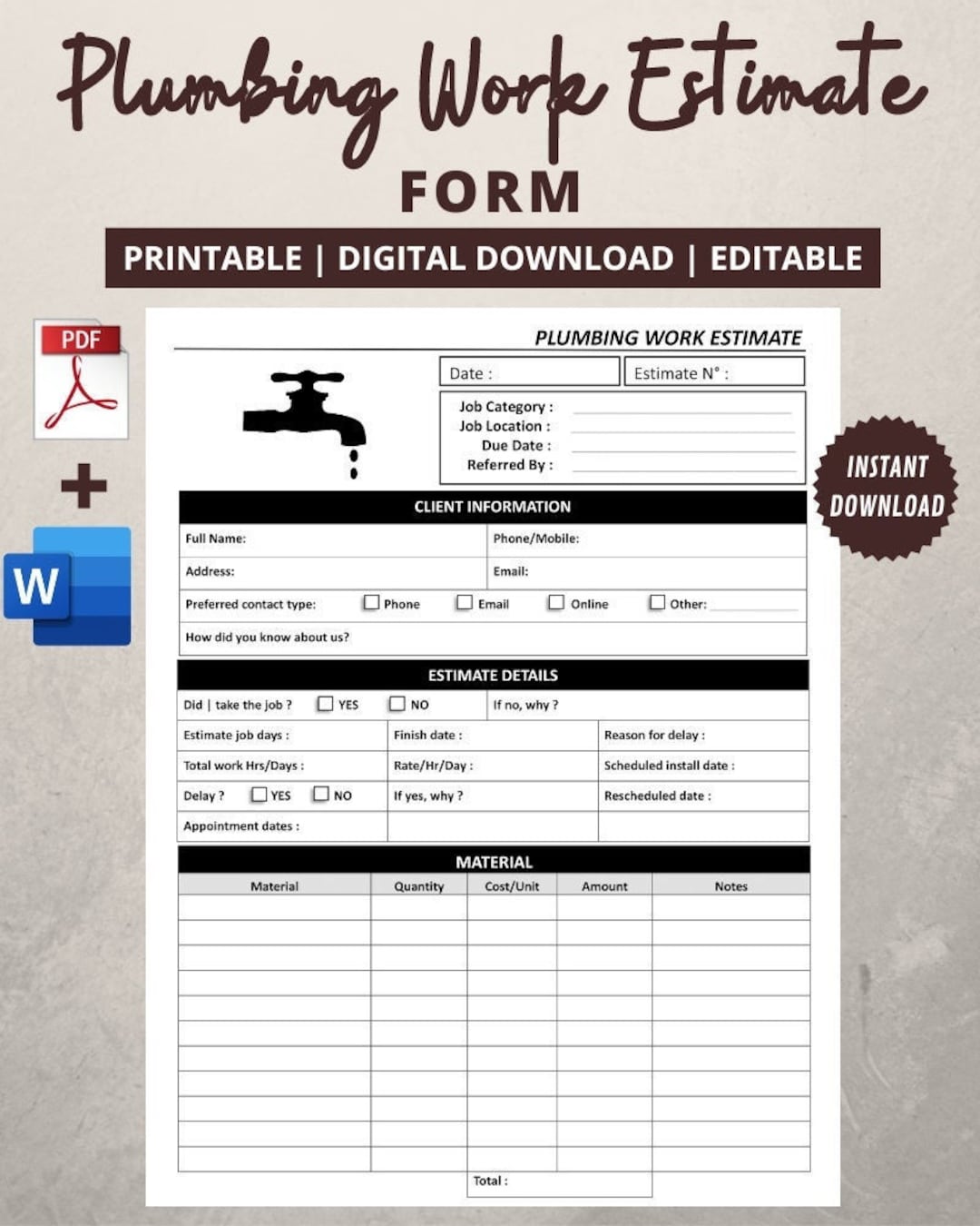 Plumbing Estimate Form Plumbing Estimating Sheets Printable Job Plumbing Estimate Form Plumbing Estimating Sheets Printable Job