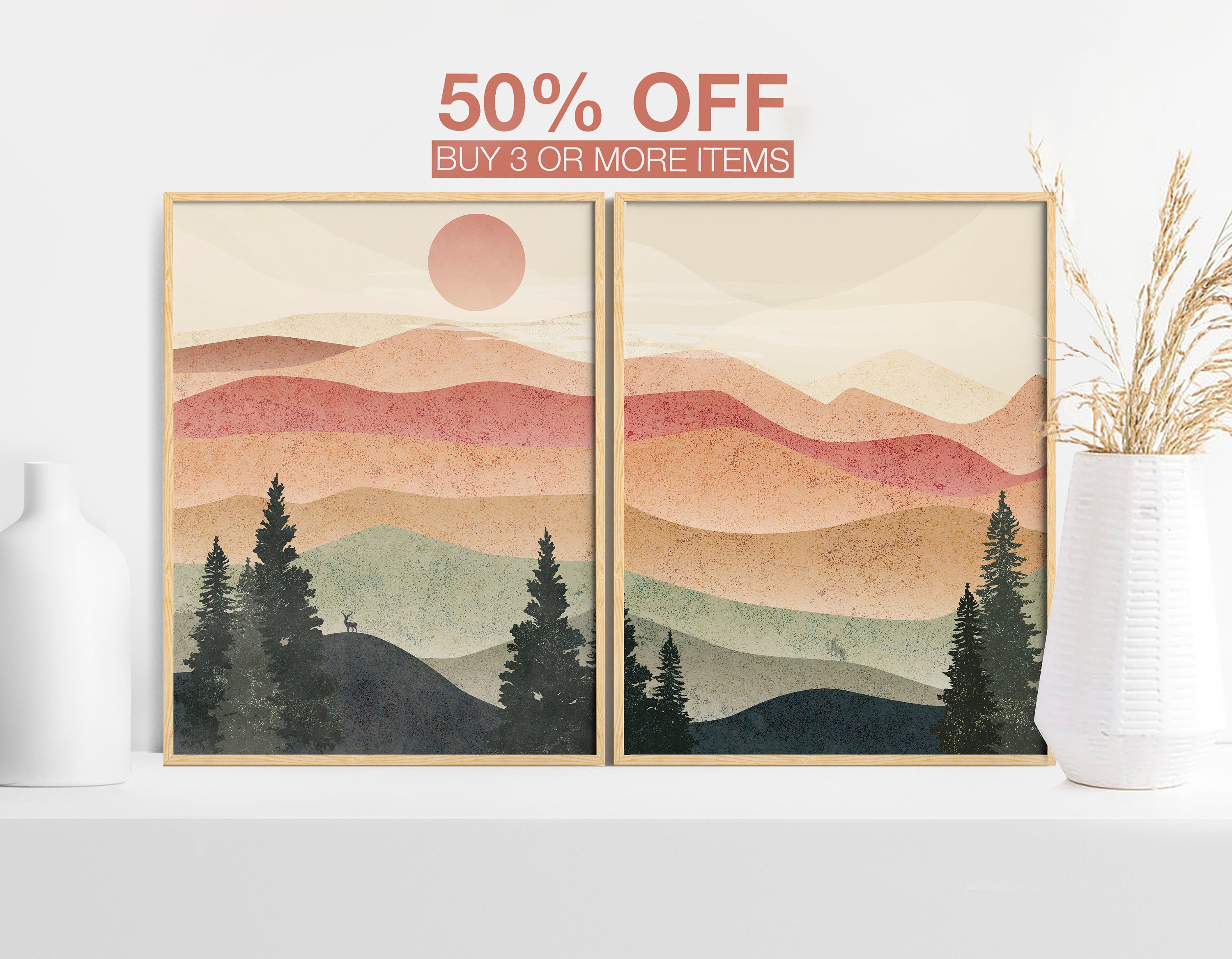Boho Mountain Art Print set of 2 Pastel Wall Art Boho Etsy