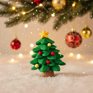 Op de afbeelding: Een kleine groene kerstboom met een gele ster, versierd met rode en gele ballen. De boom staat op een besneeuwd oppervlak, met vage kerstverlichting en ballen op de achtergrond.