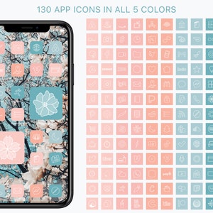 May include: A collection of 130 app icons in five different colors: light blue, pink, peach, light green, and gray. The icons are outlined in white and are displayed on a white background. The text "130 APP ICONS IN ALL 5 COLORS" is at the top of the image.