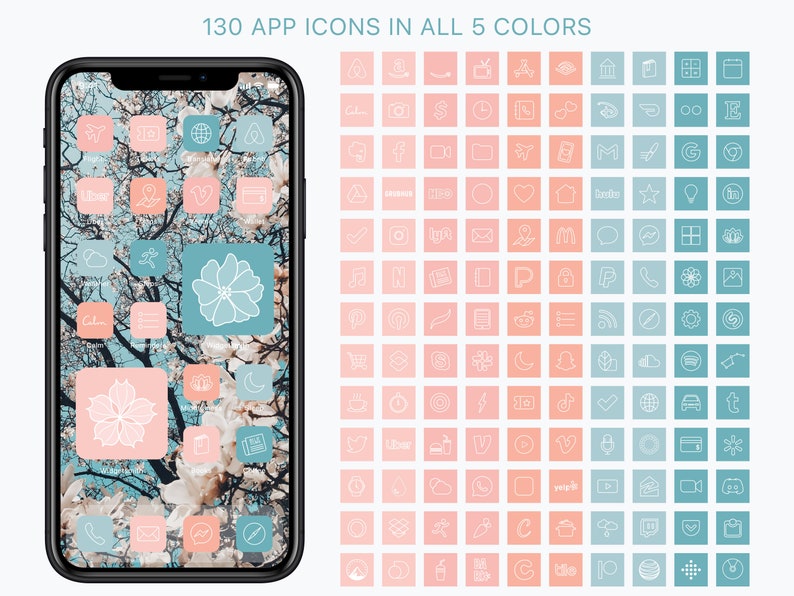 May include: A collection of 130 app icons in five different colors: light blue, pink, peach, light green, and gray. The icons are outlined in white and are displayed on a white background. The text "130 APP ICONS IN ALL 5 COLORS" is at the top of the image.