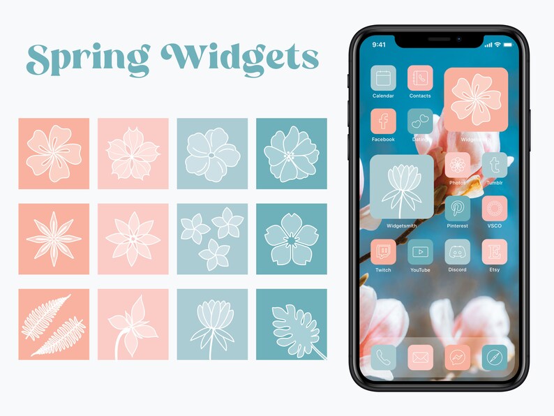 May include: A phone screen with a spring-themed design. The icons are in a grid pattern and feature flowers, leaves, and other spring-related imagery. The phone is on a background of pink and white flowers.
