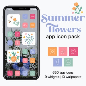 May include: A phone screen mockup showing a summer flower themed app icon pack. The icons feature various flowers and bees in pastel colors. The text "Summer Flowers app icon pack" is displayed above a row of icons for Instagram, TikTok, and Twitter. The text "650 app icons 9 widgets | 10 wallpapers" is displayed below the icons.