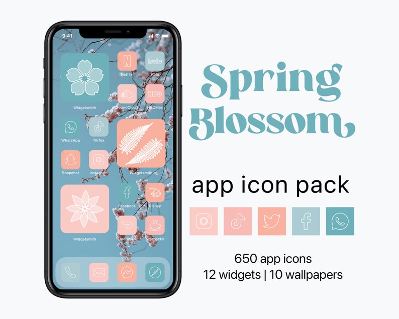 May include: A phone screen mockup with a spring blossom theme app icon pack. The icons are in a pastel color palette with white outlines. The text on the screen says "Spring Blossom, app icon pack, 650 app icons, 12 widgets | 10 wallpapers".