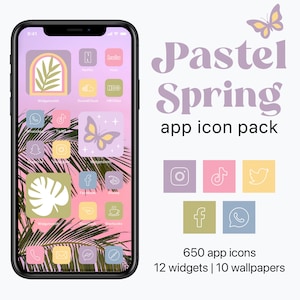 May include: A pastel-coloured phone screen with app icons featuring a butterfly, palm leaves, and other designs. The text "Pastel Spring app icon pack" is displayed above the phone screen. The text "650 app icons 12 widgets | 10 wallpapers" is displayed below the phone screen.
