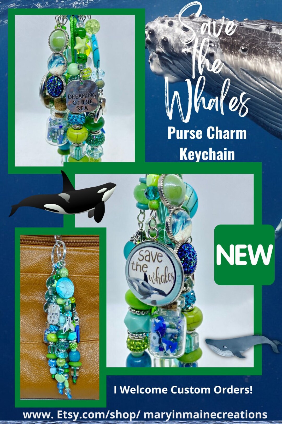 Orca Whale Charm for Purses, Cute Ocean Animal Keychain Charm, Whale