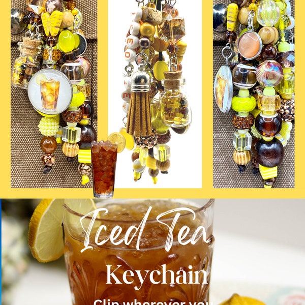 Unique iced tea car mirror charm, iced tea inspired keychain charm, beaded iced tea keychain with tassel, handmade tea bag charm, iced tea