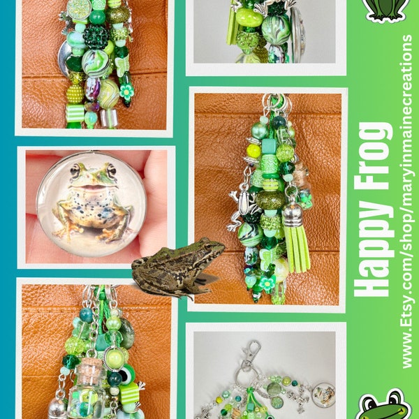 Happy frog bag charm, happy frog Keychain, cute frog keychain charm,frog lover keychain, handmade frog keychain, beaded green frog bag charm