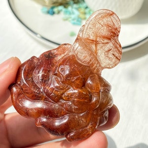Natural Red Rutilated Quartz Carved Nine Tailed Fox , Hand Carved Nine Tailed Fox Pendant , Natural Crystal Animals , Crystal Carved