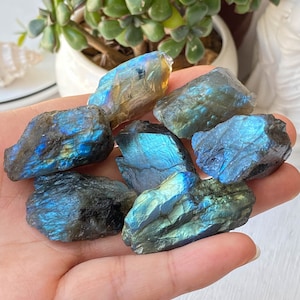 以下が含まれることがあります： 青、緑、グレーの色合いのラブラドライトクリスタルストーン6個のセット。石は粗く、自然な虹色の光沢があります。サイズは長さ2.8〜4.1cm、幅2〜2.5cmです。S-(1.1-1.6x0.8-1", 10g-20g)