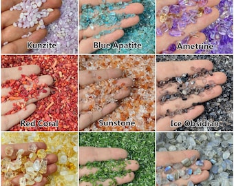 May include: A collection of nine small bags of various types of gemstone chips. The bags are labeled with the names of the gemstones: Kunzite, Blue Apatite, Ametrine, Red Coral, Sunstone, Ice Obsidian, Citrine, Vesuvianite, and Labradorite-m.