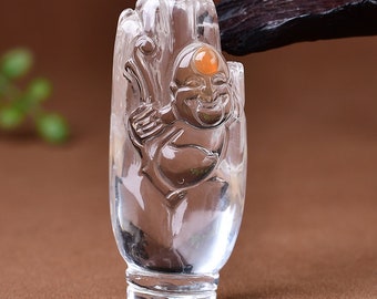 Natural Crystal Carved Buddha Pendant , Genuine Clear Quartz Buddha Pendant , Red Rabbit Hair Pendant , Buddha Carving Necklace Gift Idea