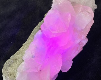 May include: A large, pink, crystalline cluster of selenite with a rough, grey base. The selenite glows a bright pink under UV light.