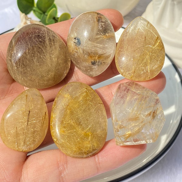 Rutilated Quartz Tumble Water Drop , Metaphysical Crystal , Rutilated Quartz Palmstone , Housewarming Gift,  Birthday Gift , Crystal Gift