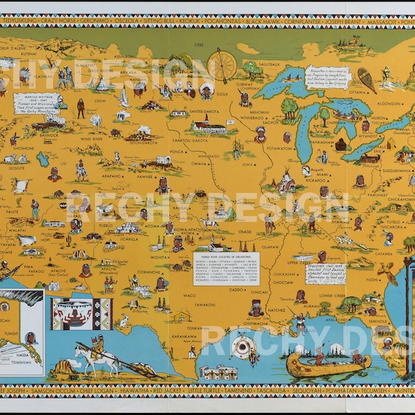 Native American Tribes Map Poster 1944 - American Indian Tribal Map - Native American Regions Map - Digital Download - Available in 3 Sizes.