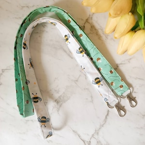 Bee lanyard - buzzy bee Fabric neck lanyards ID badge key holder - white - green lanyards - handmade in Brisbane Australia