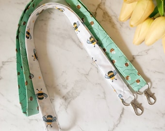 Bee lanyard - buzzy bee Fabric neck lanyards ID badge key holder - white - green lanyards - handmade in Brisbane Australia