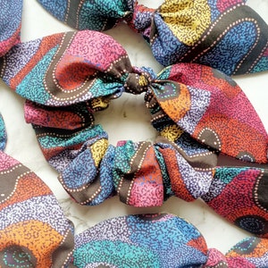 Scrunchie - knot bow hair Scrunchies, Aboriginal dot art Scrunchies, elastic, tie, accessories, Handmade in Brisbane Australia.