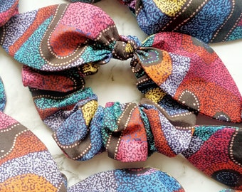 Scrunchie - knot bow hair Scrunchies, Aboriginal dot art Scrunchies, elastic, tie, accessories, Handmade in Brisbane Australia.